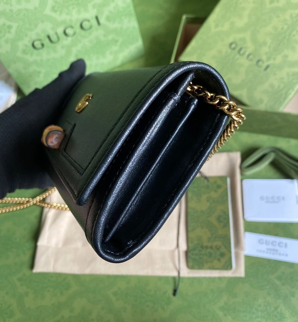 1:1 Replica Gucci Diana Chain Wallet With Bamboo Black For Women, Women's Bags 7.4in/19cm GG 658243 17Q0T 1000
