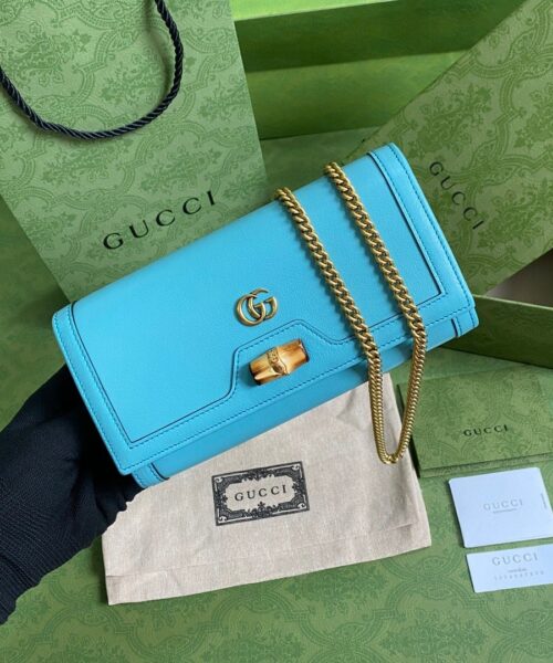 1:1 Replica Gucci Diana Chain Wallet With Bamboo Blue For Women, Women's Bags 7.4in/19cm GG