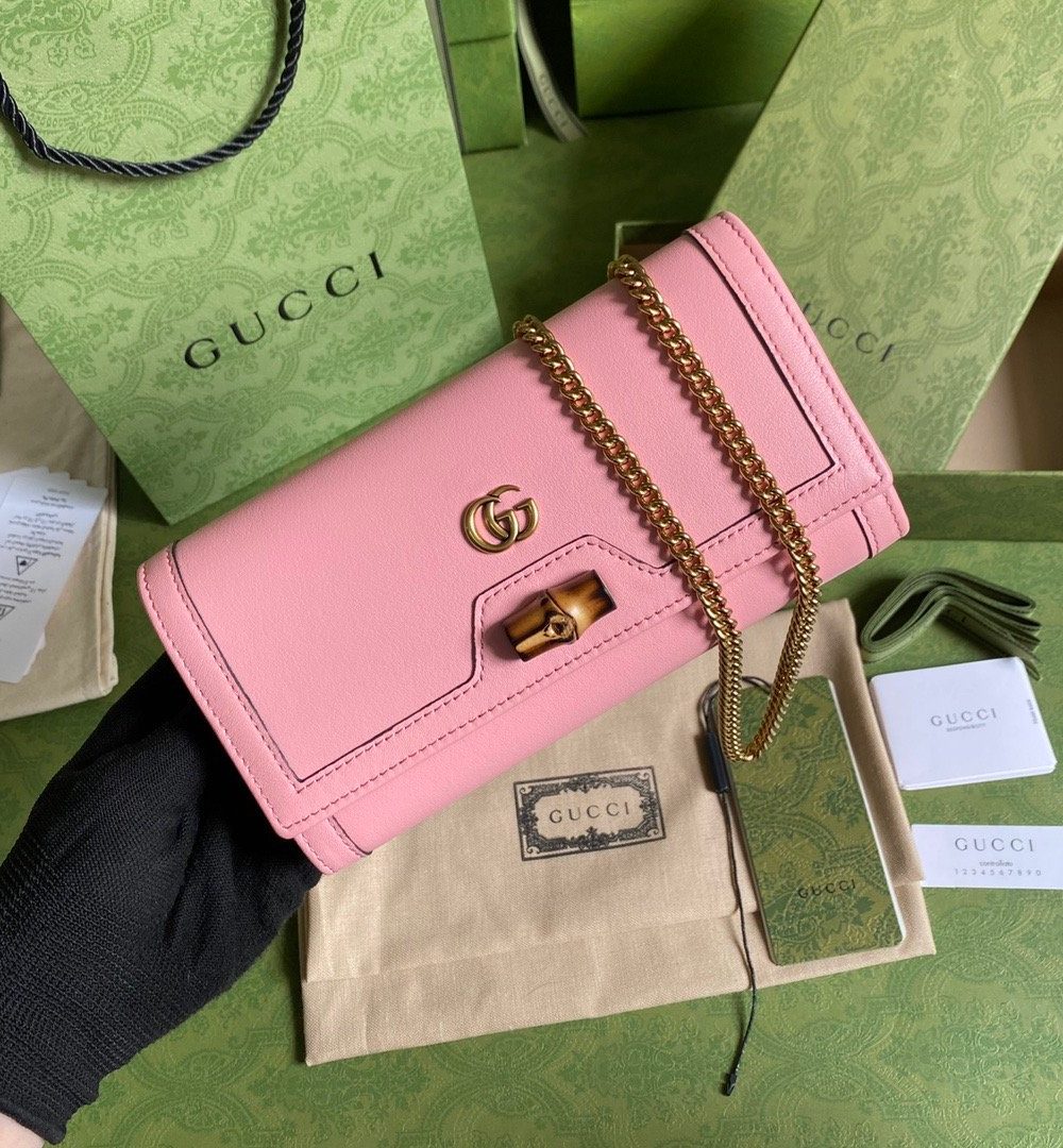 1:1 Replica Gucci Diana Chain Wallet With Bamboo Pink For Women, Women's Bags 7.4in/19cm GG