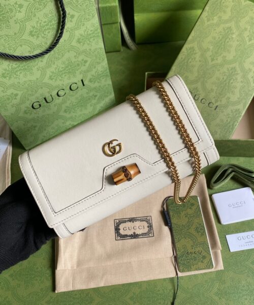 1:1 Replica Gucci Diana Chain Wallet With Bamboo White For Women, Women's Bags 7.4in/19cm GG 658243 17Q0T 9022