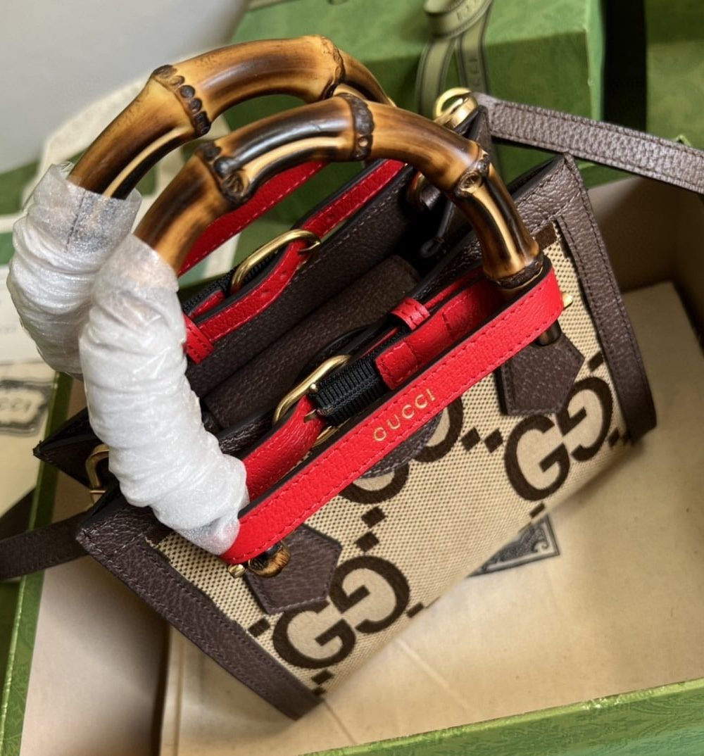 1:1 Replica Gucci Diana Jumbo GG Mini Tote Bag Camel And Ebony Jumbo GG Canvas Brown For Women 7.9in/20cm 655661 UKMFT 2672