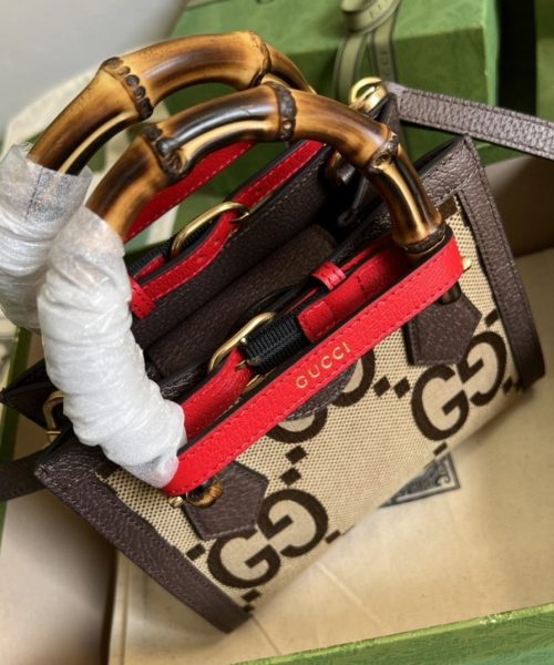 1:1 Replica Gucci Diana Jumbo GG Mini Tote Bag Camel And Ebony Jumbo GG Canvas Brown For Women 7.9in/20cm 655661 UKMFT 2672
