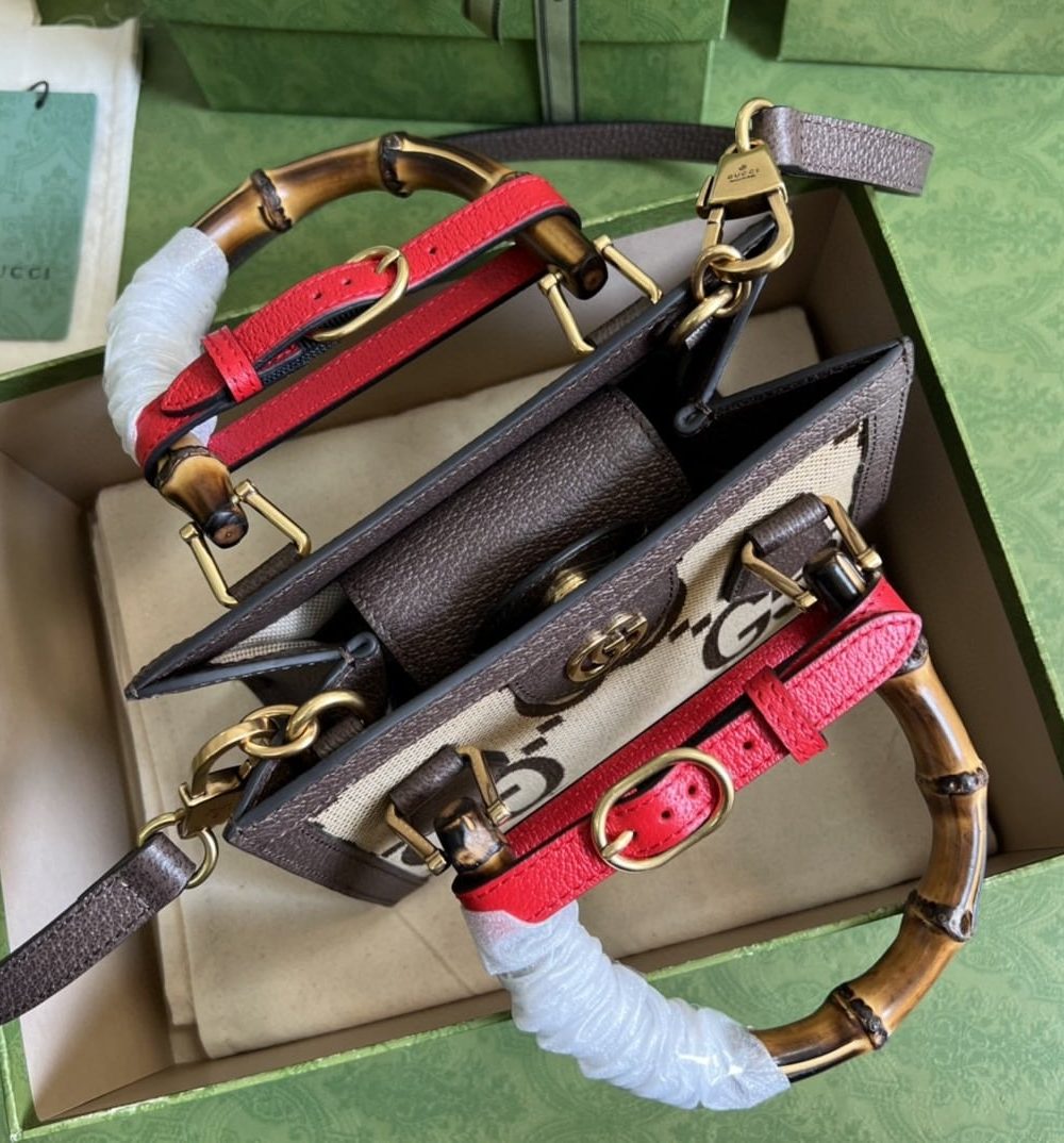 1:1 Replica Gucci Diana Jumbo GG Mini Tote Bag Camel And Ebony Jumbo GG Canvas Brown For Women 7.9in/20cm 655661 UKMFT 2672