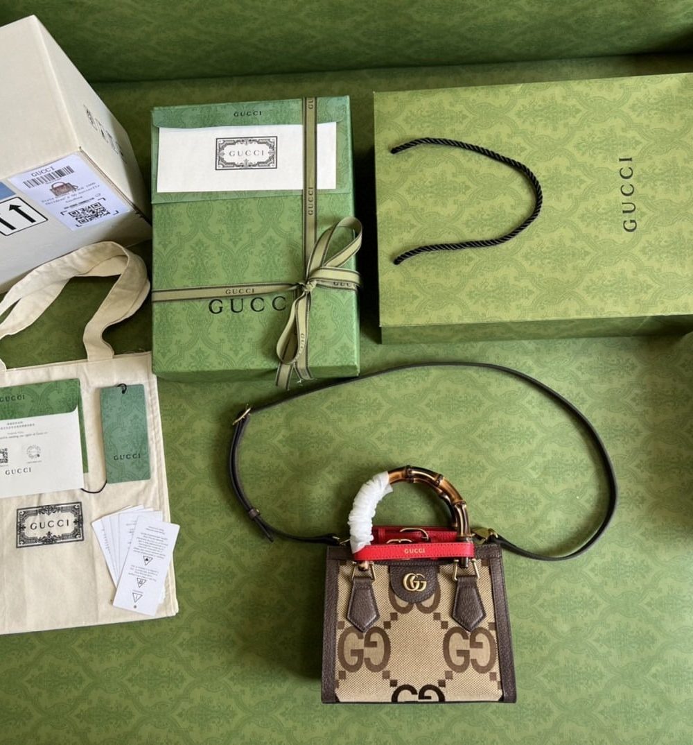 1:1 Replica Gucci Diana Jumbo GG Mini Tote Bag Camel And Ebony Jumbo GG Canvas Brown For Women 7.9in/20cm 655661 UKMFT 2672