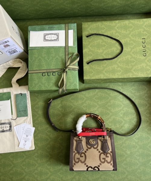 1:1 Replica Gucci Diana Jumbo GG Mini Tote Bag Camel And Ebony Jumbo GG Canvas Brown For Women 7.9in/20cm 655661 UKMFT 2672