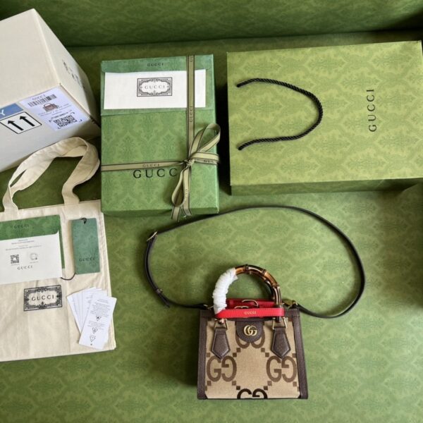 1:1 Replica Gucci Diana Jumbo GG Mini Tote Bag Camel And Ebony Jumbo GG Canvas Brown For Women 7.9in/20cm 655661 UKMFT 2672