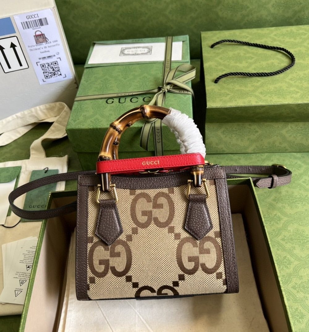 1:1 Replica Gucci Diana Jumbo GG Mini Tote Bag Camel And Ebony Jumbo GG Canvas Brown For Women 7.9in/20cm 655661 UKMFT 2672
