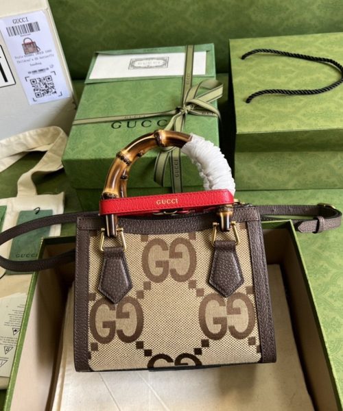 1:1 Replica Gucci Diana Jumbo GG Mini Tote Bag Camel And Ebony Jumbo GG Canvas Brown For Women 7.9in/20cm 655661 UKMFT 2672