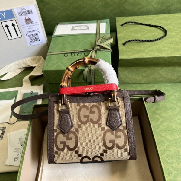 1:1 Replica Gucci Diana Jumbo GG Mini Tote Bag Camel And Ebony Jumbo GG Canvas Brown For Women 7.9in/20cm 655661 UKMFT 2672