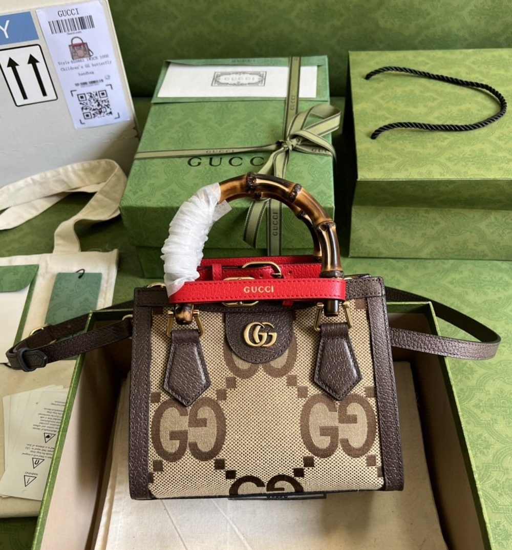 1:1 Replica Gucci Diana Jumbo GG Mini Tote Bag Camel And Ebony Jumbo GG Canvas Brown For Women 7.9in/20cm 655661 UKMFT 2672