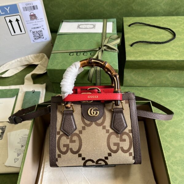 1:1 Replica Gucci Diana Jumbo GG Mini Tote Bag Camel And Ebony Jumbo GG Canvas Brown For Women 7.9in/20cm 655661 UKMFT 2672