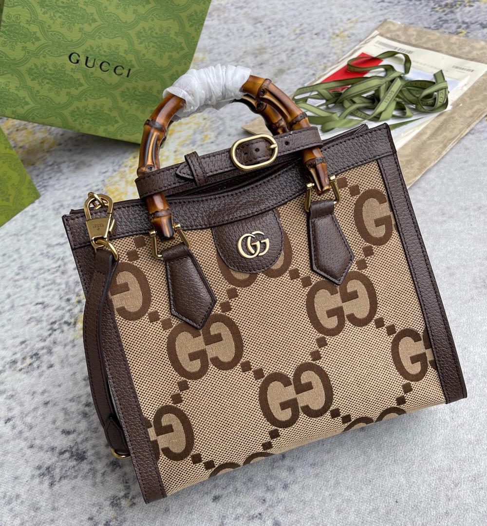 1:1 Replica Gucci Diana Jumbo GG Small Tote Bag Camel And Ebony Jumbo GG Canvas Brown For Women 11in/28cm 660195 UKMFT 2672