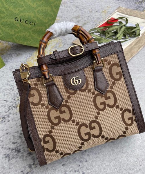 1:1 Replica Gucci Diana Jumbo GG Small Tote Bag Camel And Ebony Jumbo GG Canvas Brown For Women 11in/28cm 660195 UKMFT 2672