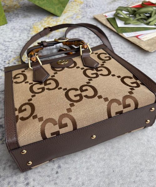 1:1 Replica Gucci Diana Jumbo GG Small Tote Bag Camel And Ebony Jumbo GG Canvas Brown For Women 11in/28cm 660195 UKMFT 2672