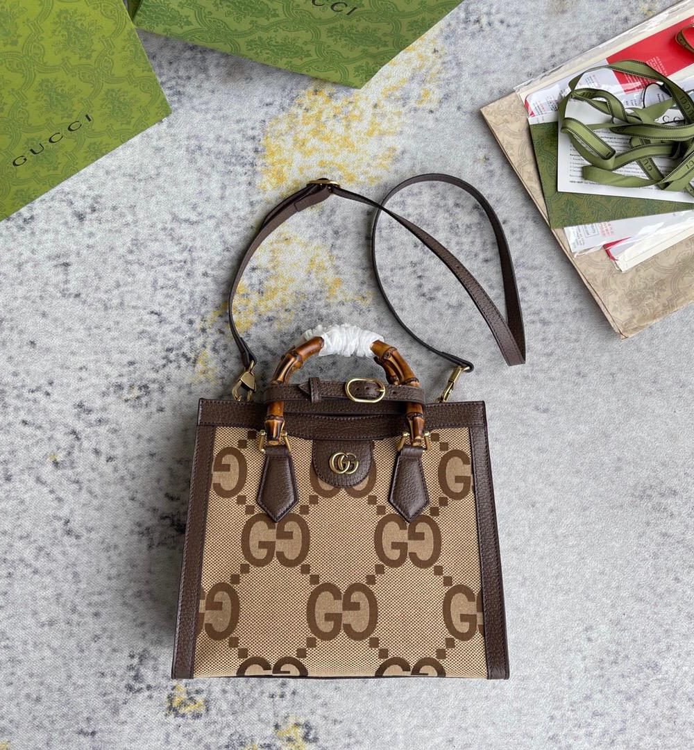 1:1 Replica Gucci Diana Jumbo GG Small Tote Bag Camel And Ebony Jumbo GG Canvas Brown For Women 11in/28cm 660195 UKMFT 2672