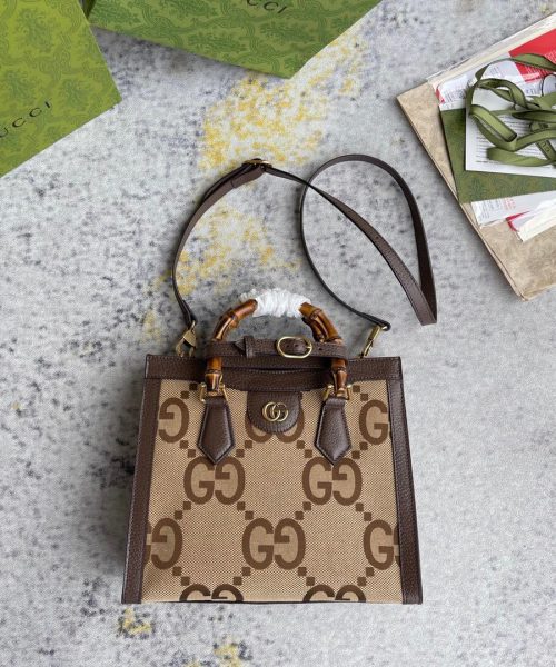 1:1 Replica Gucci Diana Jumbo GG Small Tote Bag Camel And Ebony Jumbo GG Canvas Brown For Women 11in/28cm 660195 UKMFT 2672