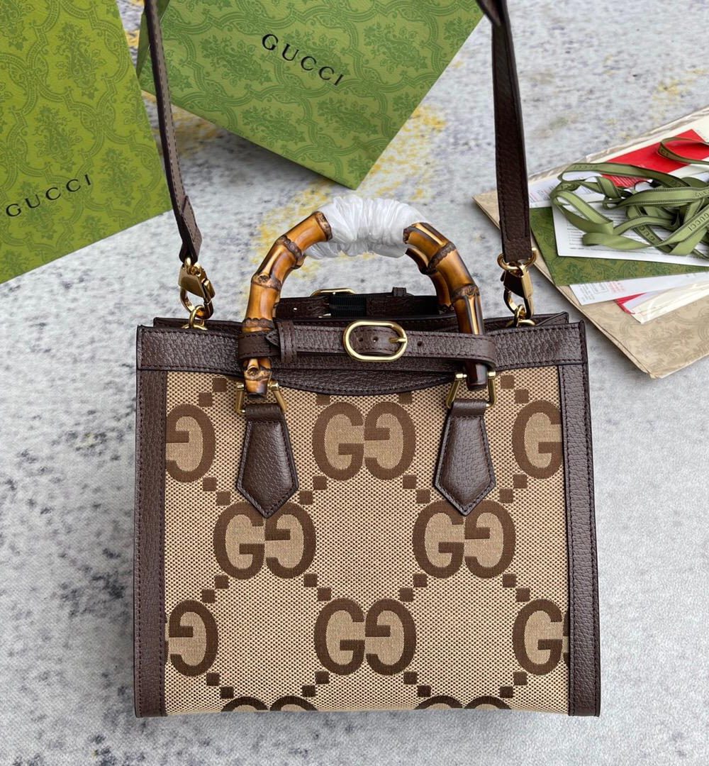 1:1 Replica Gucci Diana Jumbo GG Small Tote Bag Camel And Ebony Jumbo GG Canvas Brown For Women 11in/28cm 660195 UKMFT 2672