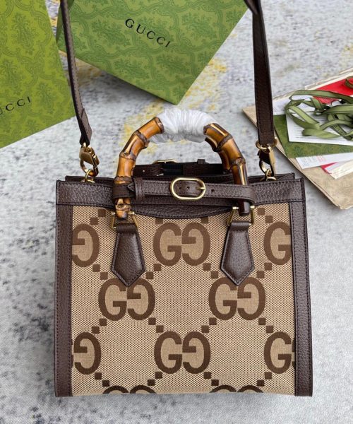 1:1 Replica Gucci Diana Jumbo GG Small Tote Bag Camel And Ebony Jumbo GG Canvas Brown For Women 11in/28cm 660195 UKMFT 2672