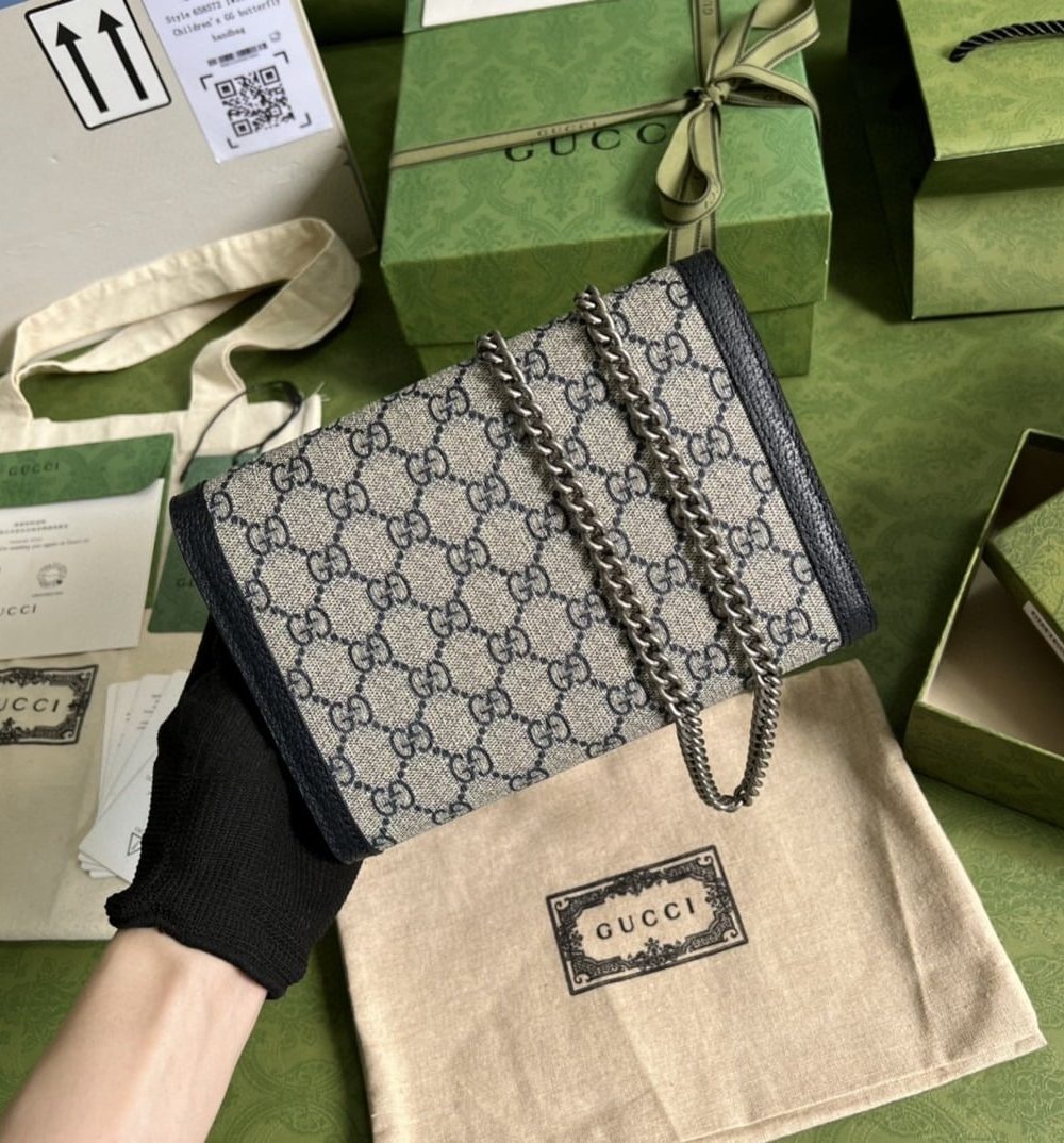 1:1 Replica Gucci Dionysus GG Chain Wallet Beige And Blue Supreme Canvas For Women 8in/20cm 401231 K9GSN 4075