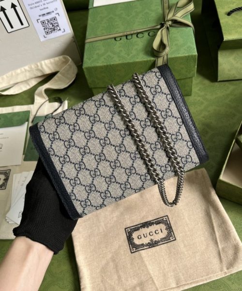 1:1 Replica Gucci Dionysus GG Chain Wallet Beige And Blue Supreme Canvas For Women 8in/20cm 401231 K9GSN 4075