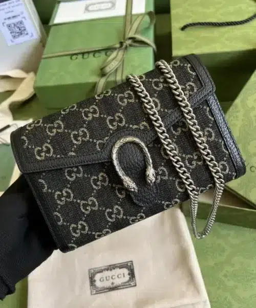 1:1 Replica Gucci Dionysus GG Mini Chain Bag Black And Ivory GG Denim Jacquard For Women 8in/20cm 401231 UN3BN 1274