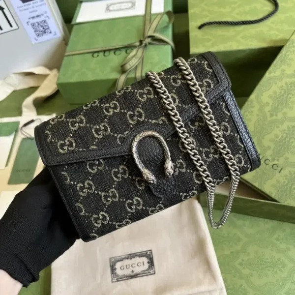 1:1 Replica Gucci Dionysus GG Mini Chain Bag Black And Ivory GG Denim Jacquard For Women 8in/20cm 401231 UN3BN 1274