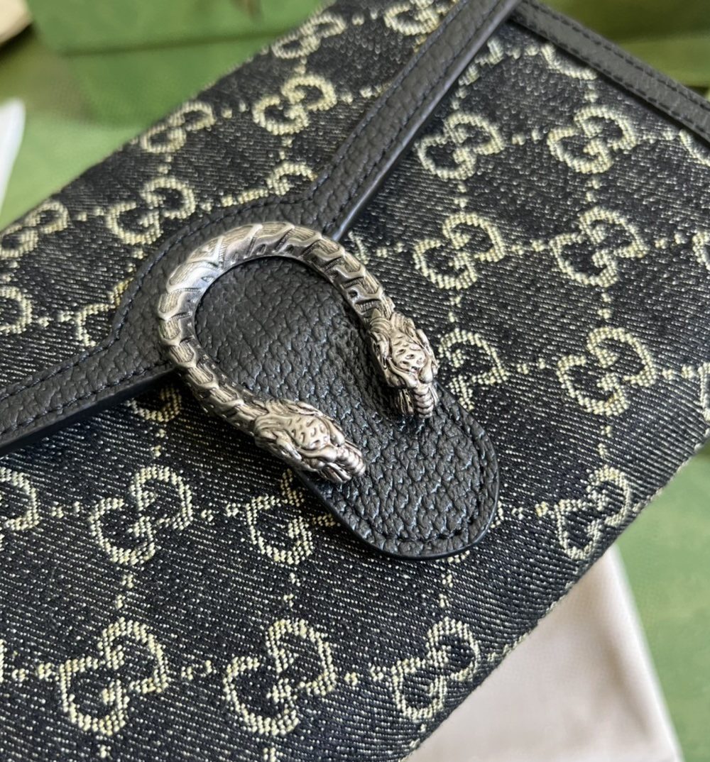 1:1 Replica Gucci Dionysus GG Mini Chain Bag Black And Ivory GG Denim Jacquard For Women 8in/20cm 401231 UN3BN 1274