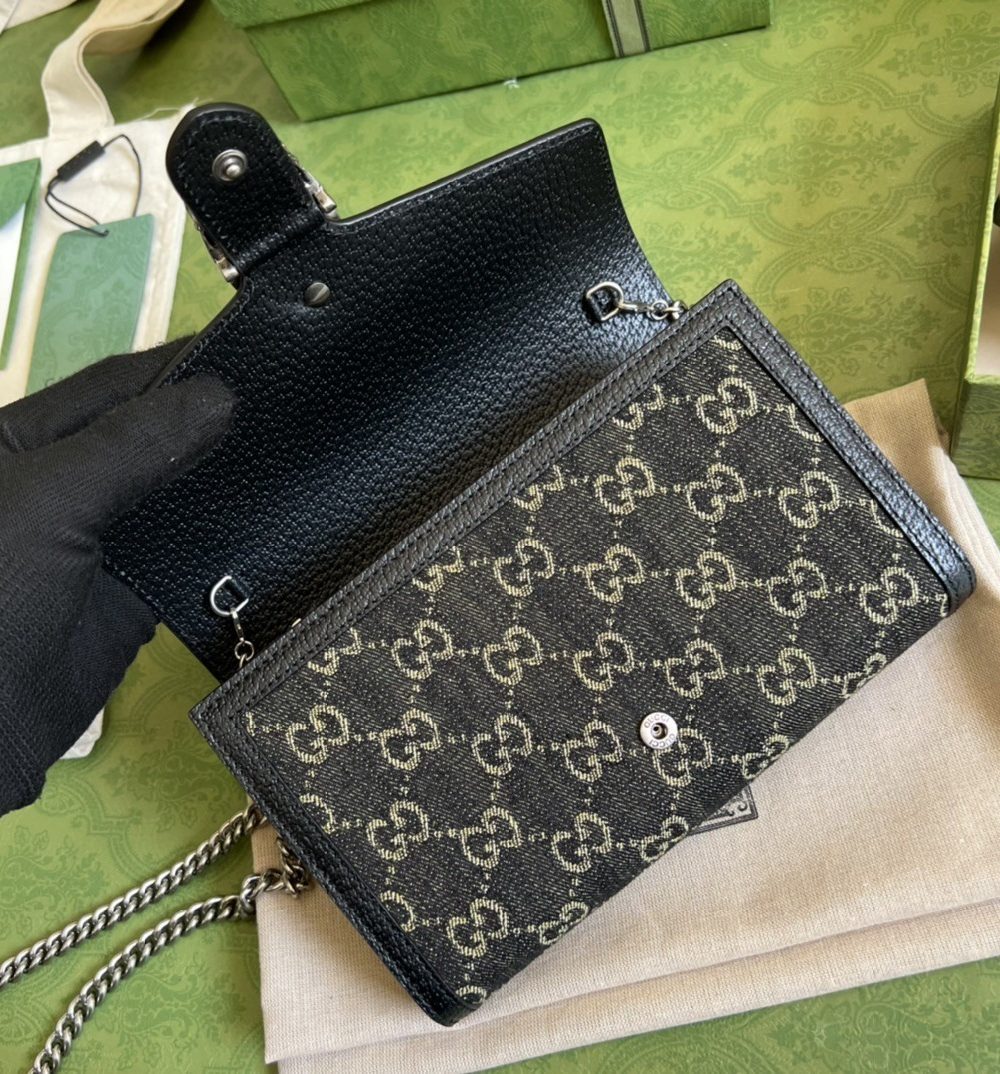 1:1 Replica Gucci Dionysus GG Mini Chain Bag Black And Ivory GG Denim Jacquard For Women 8in/20cm 401231 UN3BN 1274