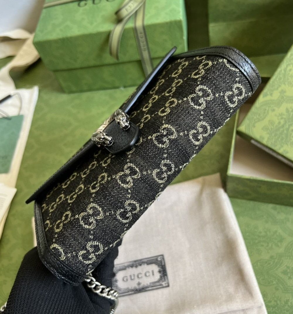 1:1 Replica Gucci Dionysus GG Mini Chain Bag Black And Ivory GG Denim Jacquard For Women 8in/20cm 401231 UN3BN 1274