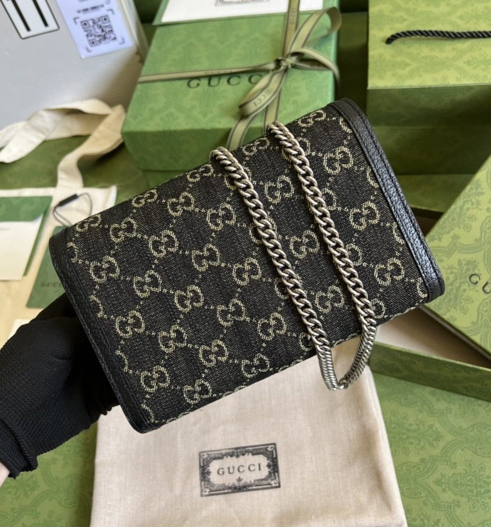 1:1 Replica Gucci Dionysus GG Mini Chain Bag Black And Ivory GG Denim Jacquard For Women 8in/20cm 401231 UN3BN 1274