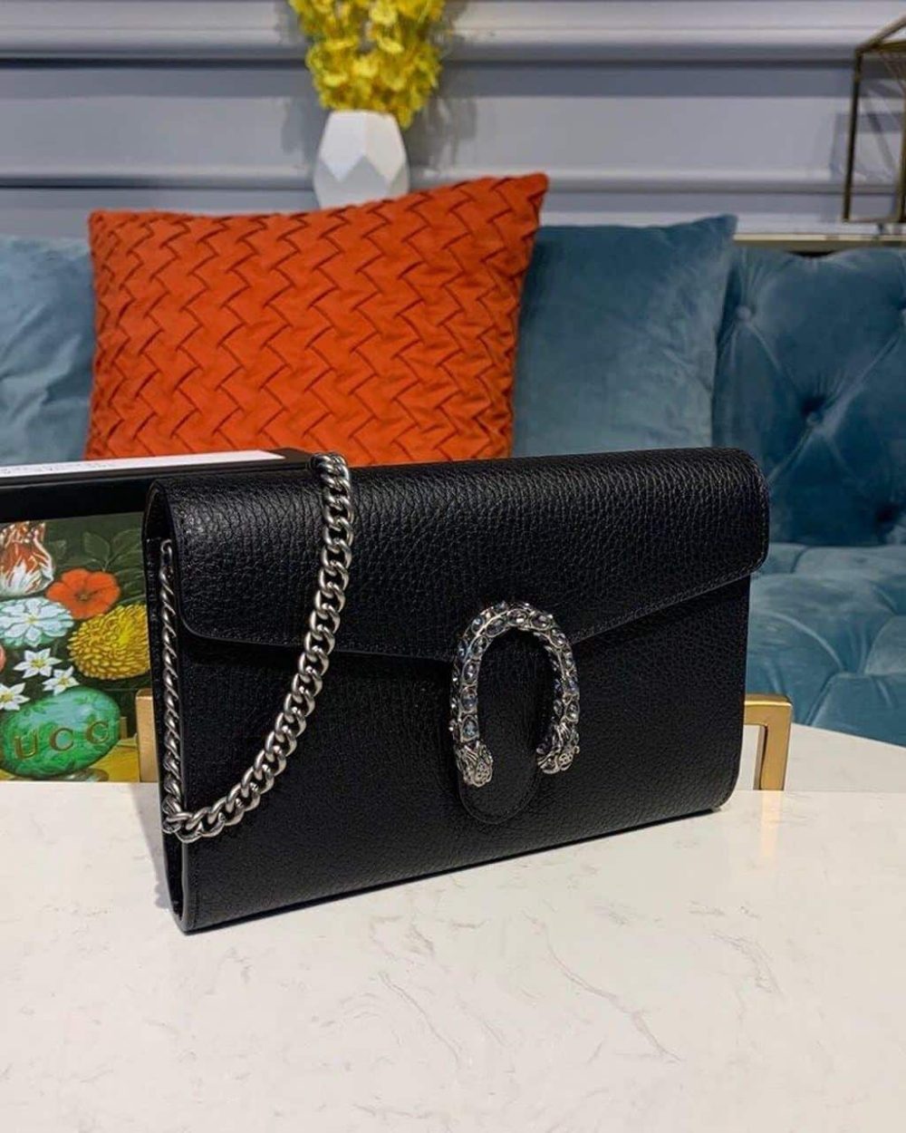 1:1 Replica Gucci Dionysus Mini Chain Bag Black Metal-Free Tanned For Women 8in/20cm GG 401231 CAOGN 8176