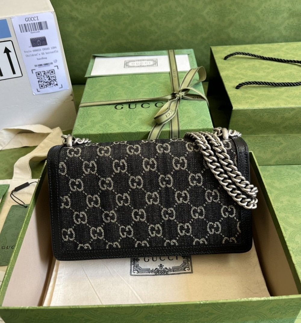 1:1 Replica Gucci Dionysus Small GG Shoulder Bag Black And Ivory GG Denim Jacquard For Women 10in/25cm 499623 UN3BN 1274