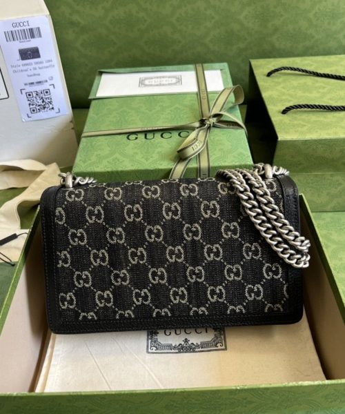 1:1 Replica Gucci Dionysus Small GG Shoulder Bag Black And Ivory GG Denim Jacquard For Women 10in/25cm 499623 UN3BN 1274