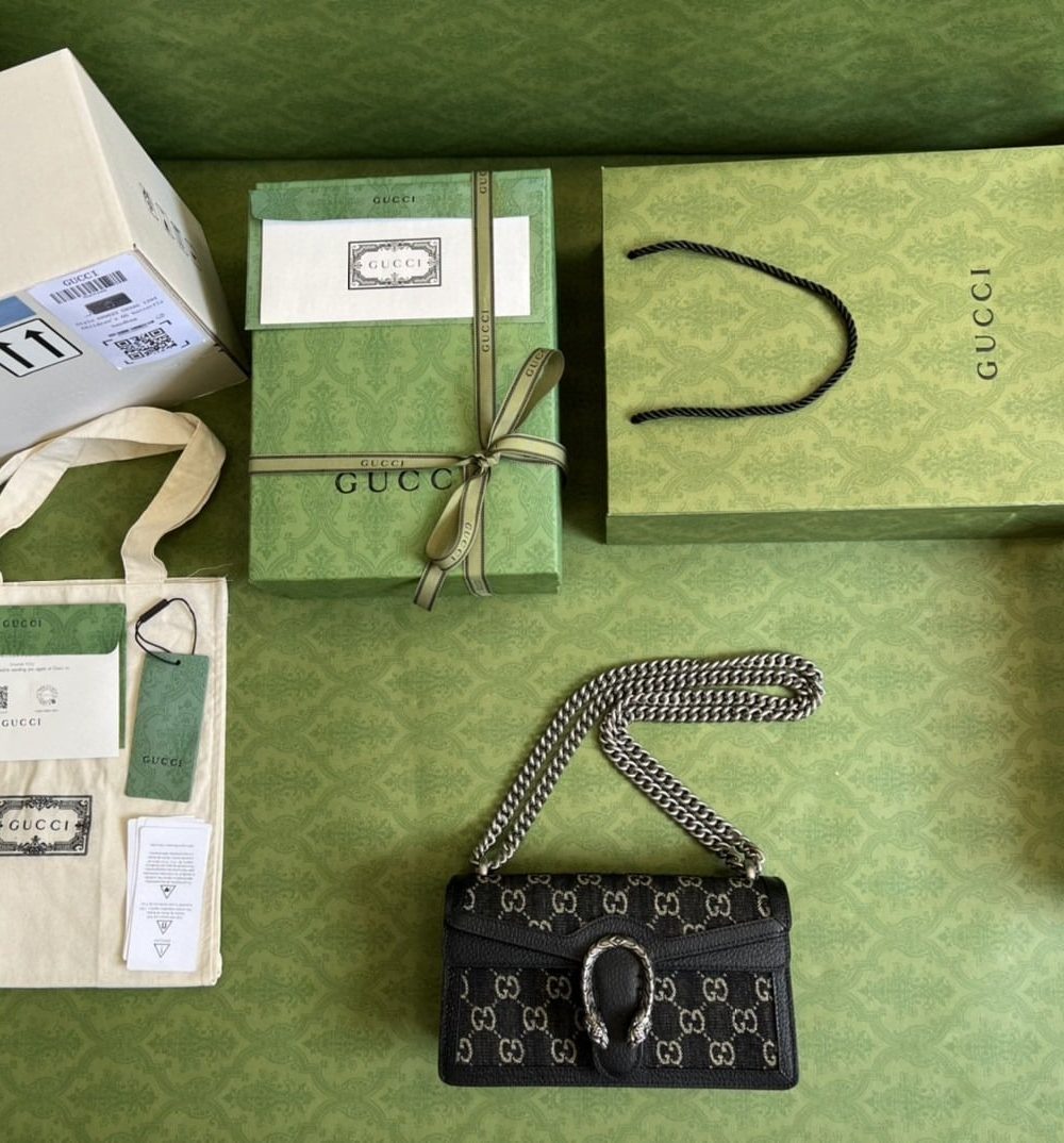 1:1 Replica Gucci Dionysus Small GG Shoulder Bag Black And Ivory GG Denim Jacquard For Women 10in/25cm 499623 UN3BN 1274