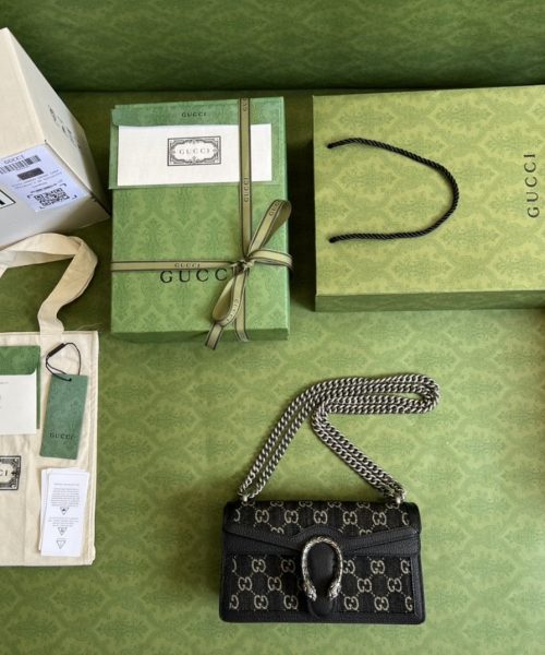 1:1 Replica Gucci Dionysus Small GG Shoulder Bag Black And Ivory GG Denim Jacquard For Women 10in/25cm 499623 UN3BN 1274