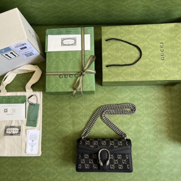 1:1 Replica Gucci Dionysus Small GG Shoulder Bag Black And Ivory GG Denim Jacquard For Women 10in/25cm 499623 UN3BN 1274