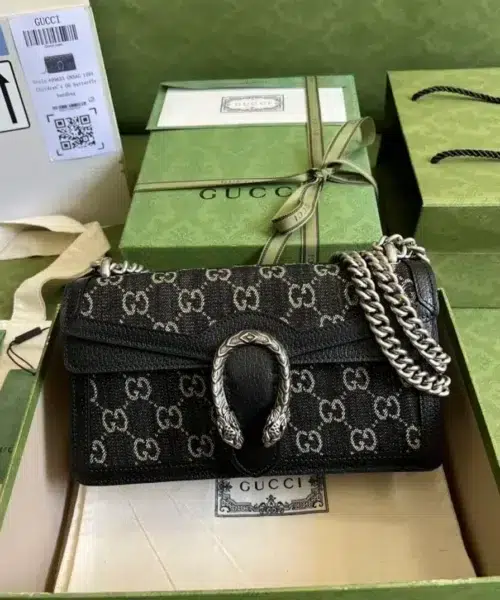 1:1 Replica Gucci Dionysus Small GG Shoulder Bag Black And Ivory GG Denim Jacquard For Women 10in/25cm 499623 UN3BN 1274