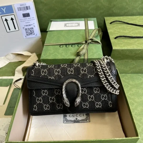 1:1 Replica Gucci Dionysus Small GG Shoulder Bag Black And Ivory GG Denim Jacquard For Women 10in/25cm 499623 UN3BN 1274