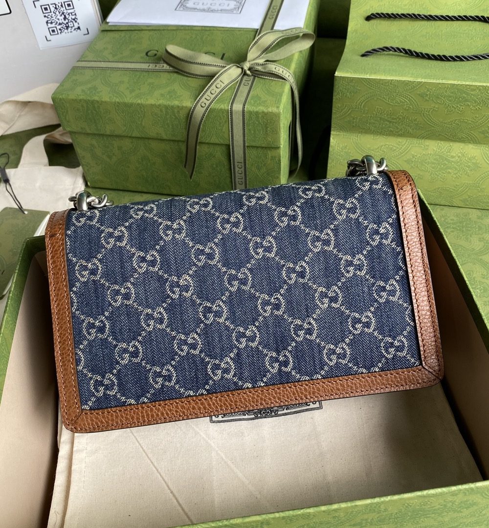1:1 Replica Gucci Dionysus Small Shoulder Bag Dark Blue And Ivory Eco Washed Organic GG Jacquard Deni For Women 11in/28cm 400249 2KQFN 4483