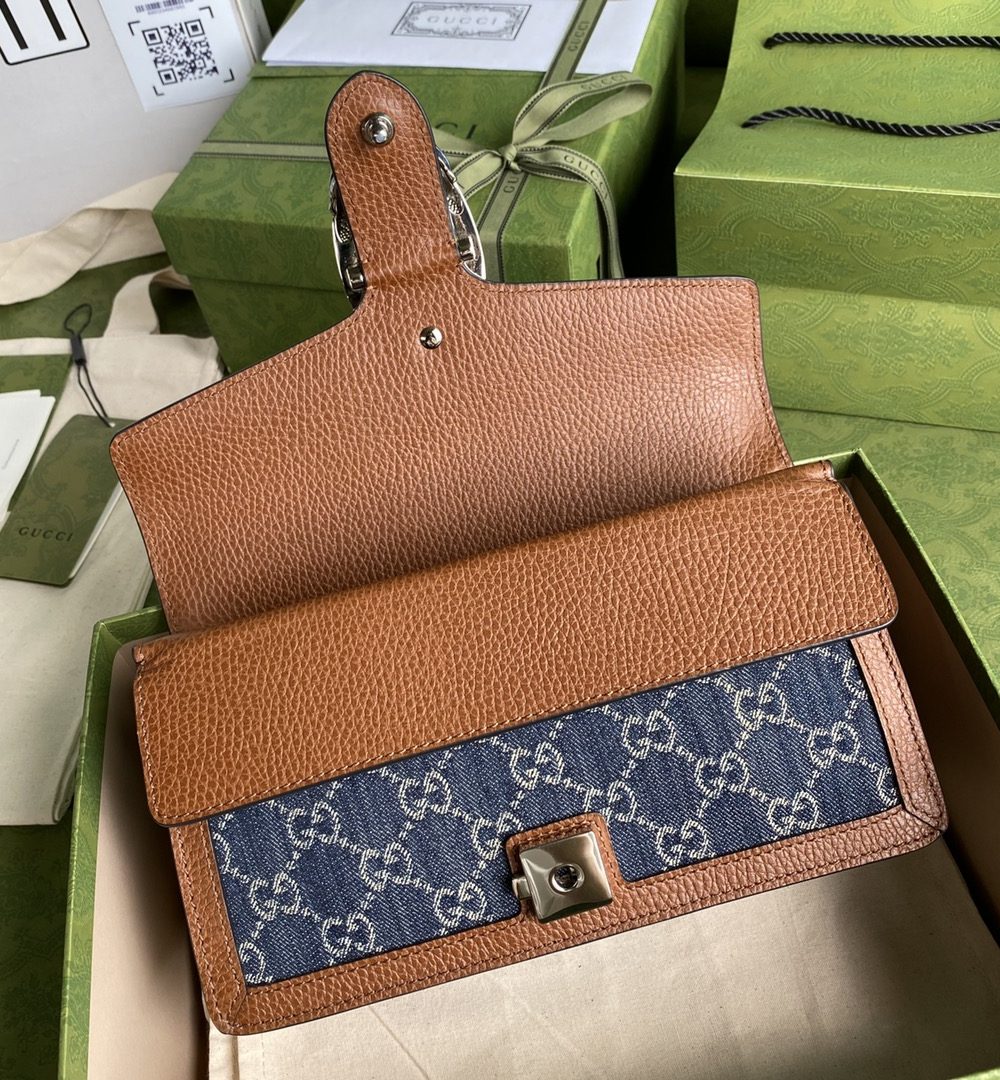 1:1 Replica Gucci Dionysus Small Shoulder Bag Dark Blue And Ivory Eco Washed Organic GG Jacquard Deni For Women 11in/28cm 400249 2KQFN 4483
