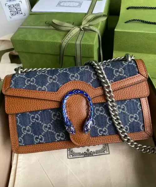1:1 Replica Gucci Dionysus Small Shoulder Bag Dark Blue And Ivory Eco Washed Organic GG Jacquard Deni For Women 11in/28cm 400249 2KQFN 4483