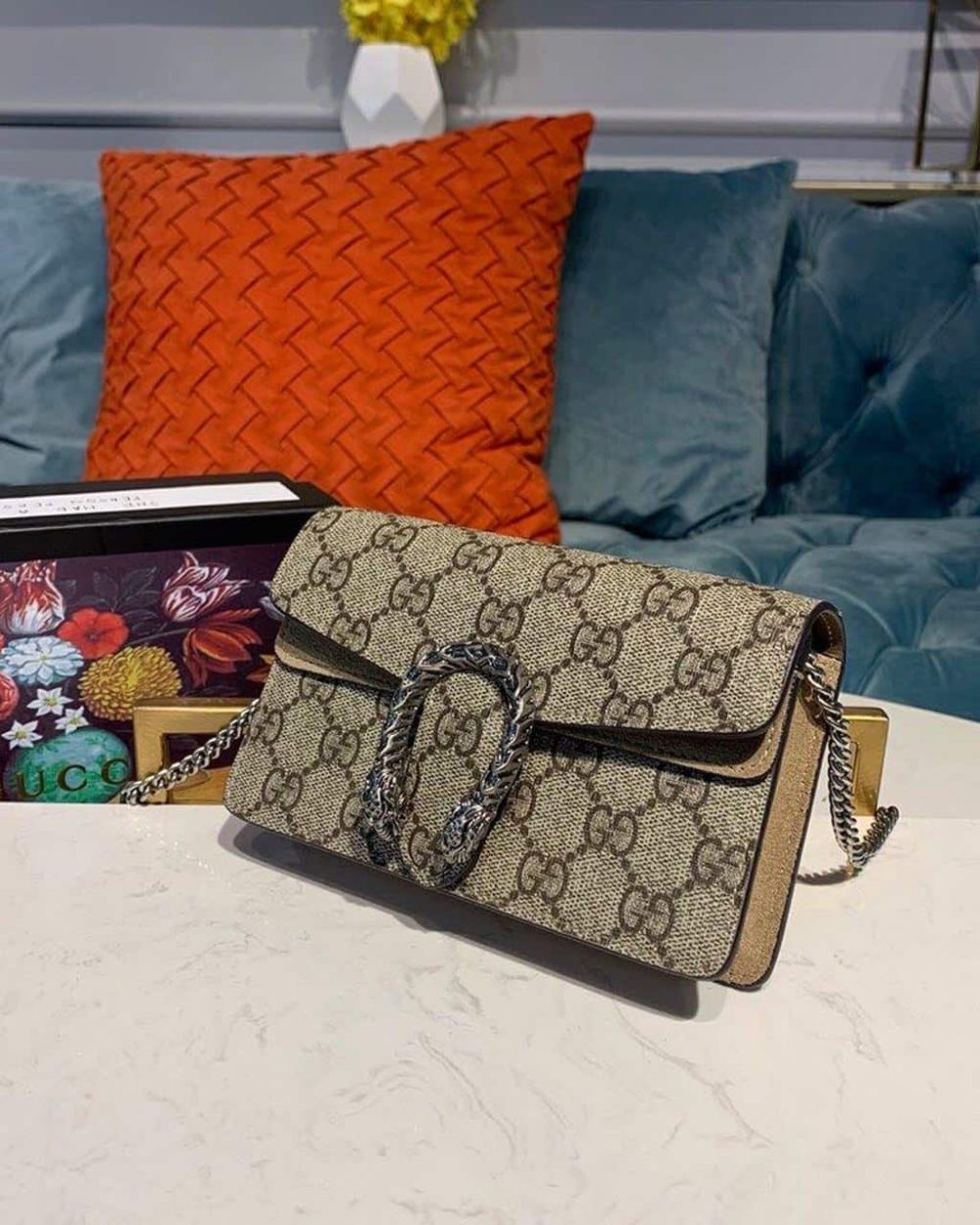 1:1 Replica Gucci Dionysus Super Mini Bag Emerald GG Supreme Canvas Made Using An Earth-Conscious Process With Taupe Detail For Women 6.5in/16.5cm GG 476432 KHNRN 8642