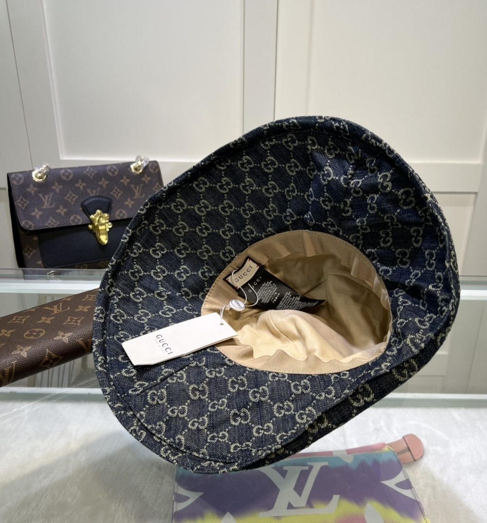 Gucci Eco Washed Denim Wide Brim Hat Dark Blue GG Hat 631958 3HAAH 4900