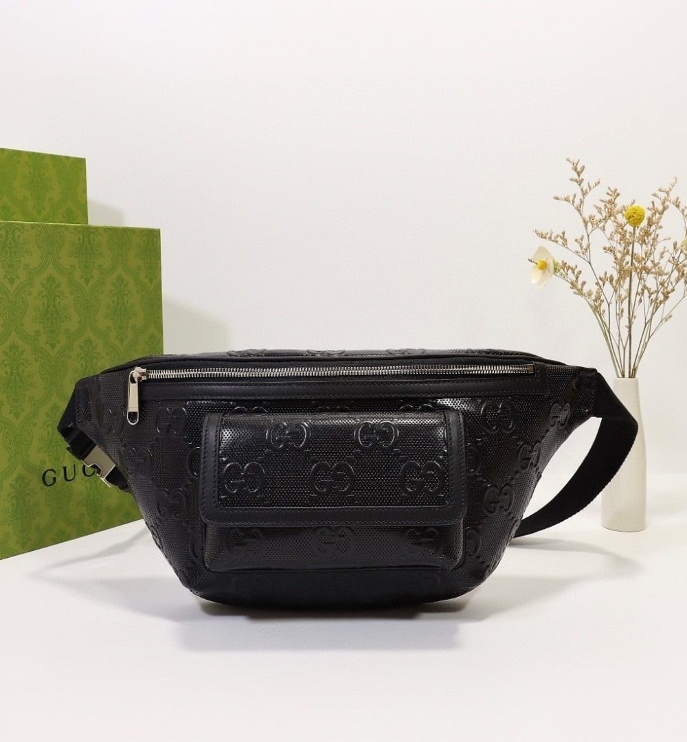 1:1 Replica Gucci Embossed Belt Bag Black For Men 11in/28cm 645093 1W3CN 1000