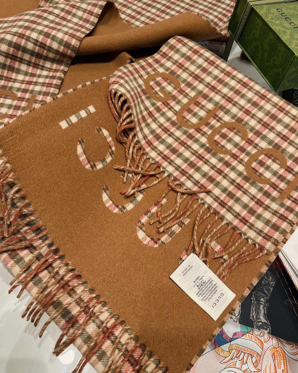 Gucci GG And Tartan Wool Jacquard Scarf Brown 79in/200cm 