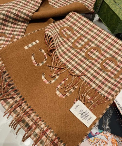 Gucci GG And Tartan Wool Jacquard Scarf Brown 79in/200cm 