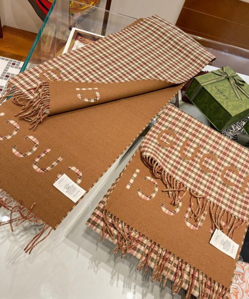 Gucci GG And Tartan Wool Jacquard Scarf Brown 79in/200cm 