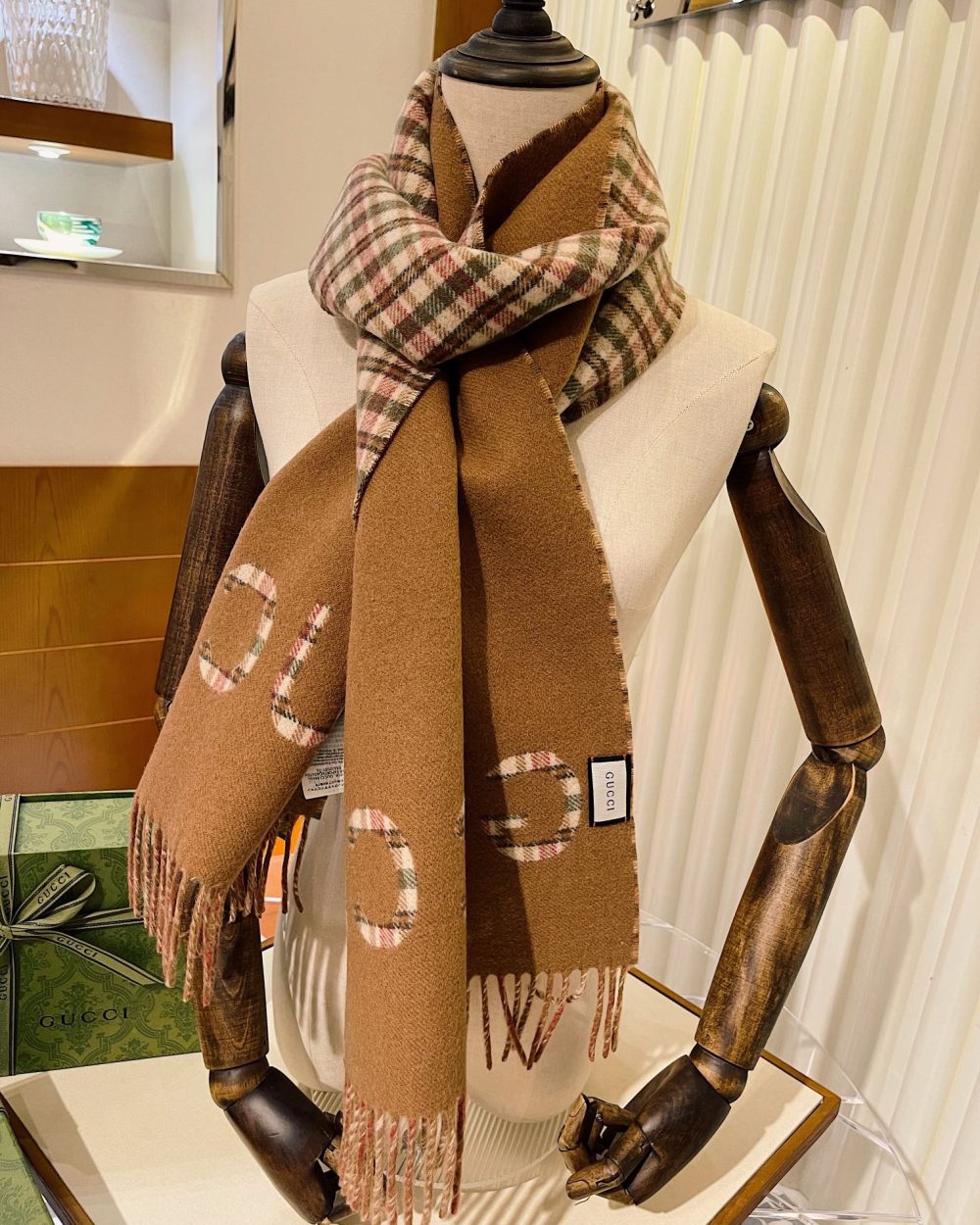 Gucci GG And Tartan Wool Jacquard Scarf Brown 79in/200cm 