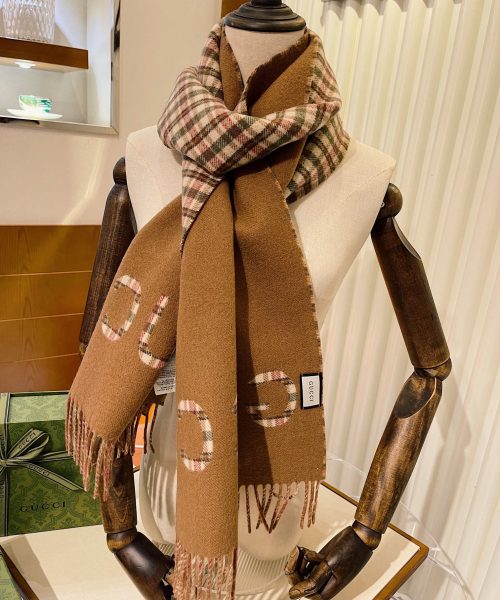 Gucci GG And Tartan Wool Jacquard Scarf Brown 79in/200cm 