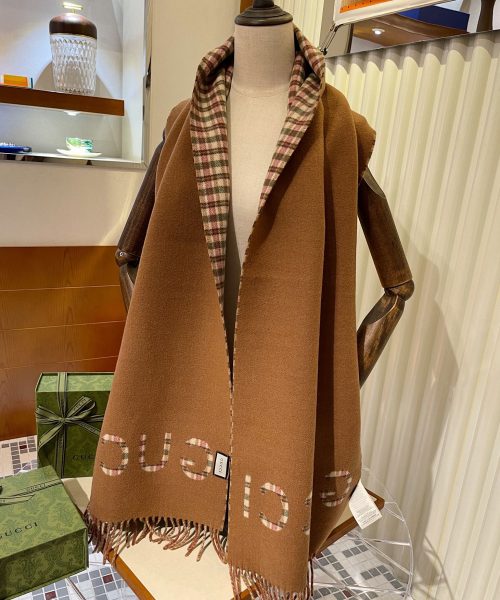 Gucci GG And Tartan Wool Jacquard Scarf Brown 79in/200cm 